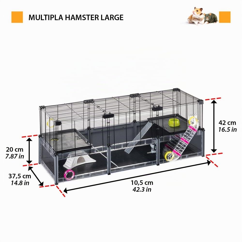 FERPLAST - Gabbia per criceti grande - Gabbia per topolini - Rete metallica - con accessori - Modulare - Multipla Hamster, 107,5 x 37,5 x h 42 CM