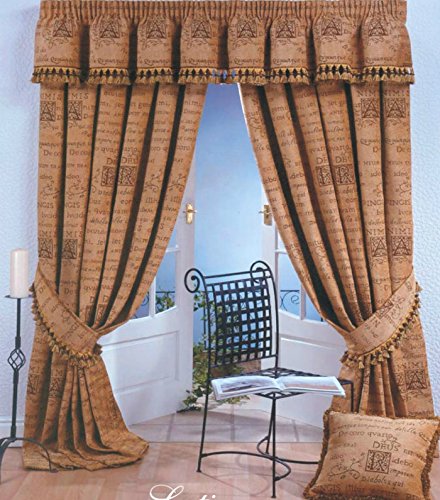 LATIN GOLD LATIN TEXT 90" X 54" FULLY LINED TAPE TOP CURTAINS LUXURY JACQUARD