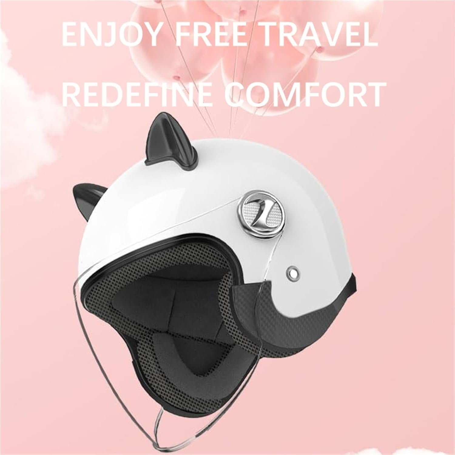 Cool Cat Ear Electric Motorcycle Vespa Half Helmet with Visor Retro 3/4 Open Face Dirt-Bike Helmet Scooter Moped Street Jet Helmet,DOT Approved Quick Release Riding ATV Helmet