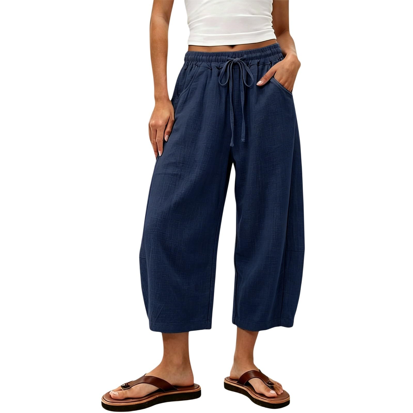 Generisch Barrel Pantalon d'été léger pour femme - Pantalon d'été large - Pantalon bombé - Pantalon long en lin - Taille haute - Décontracté - Avec poches - Pantalon de loisirs - Pantalon de plage