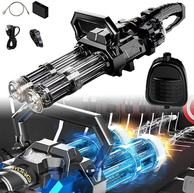 krautain Pistola de agua eléctrica Gatling de doble cañón, pistolas de agua alimentadas para adultos, mochila giratoria automática con explosión de hielo, tanque recargable de gran capacidad y disparo