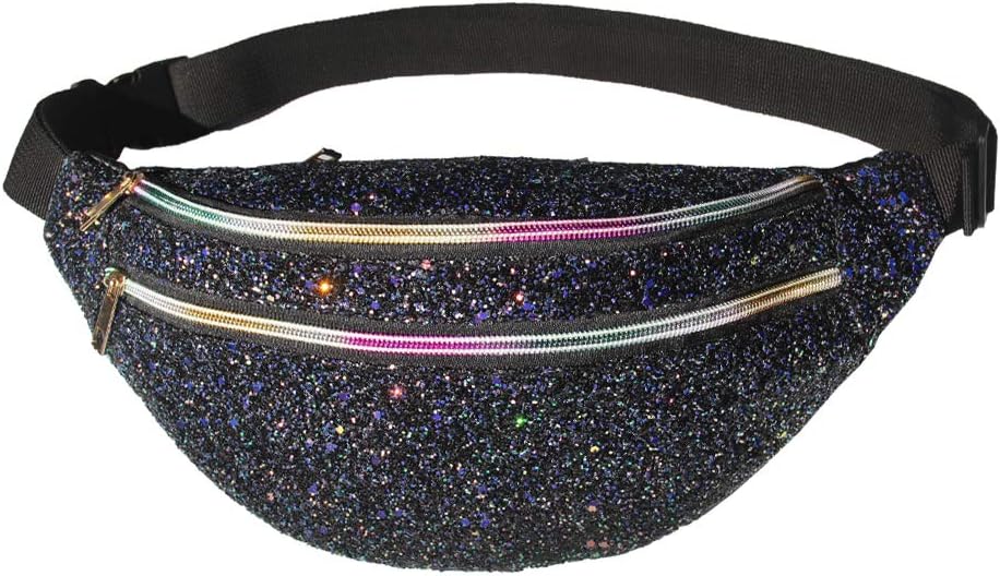 ICOSY Fanny Pack Black, Women Waist Pack Glitter Crossbody Bags Shiny Waist Pack Cute Fashion Fanny Packs Women Travel Waist Packs Girls Outdoor Shopping Sports Party Bags