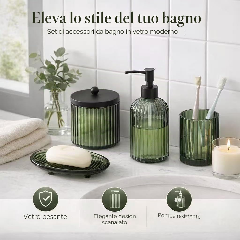 Set di 4 accessori da bagno in vetro pesante con motivo decorativo pressato, include dispenser di sapone per le mani, bicchiere, portasapone e portaspazzolino (verde oliva)