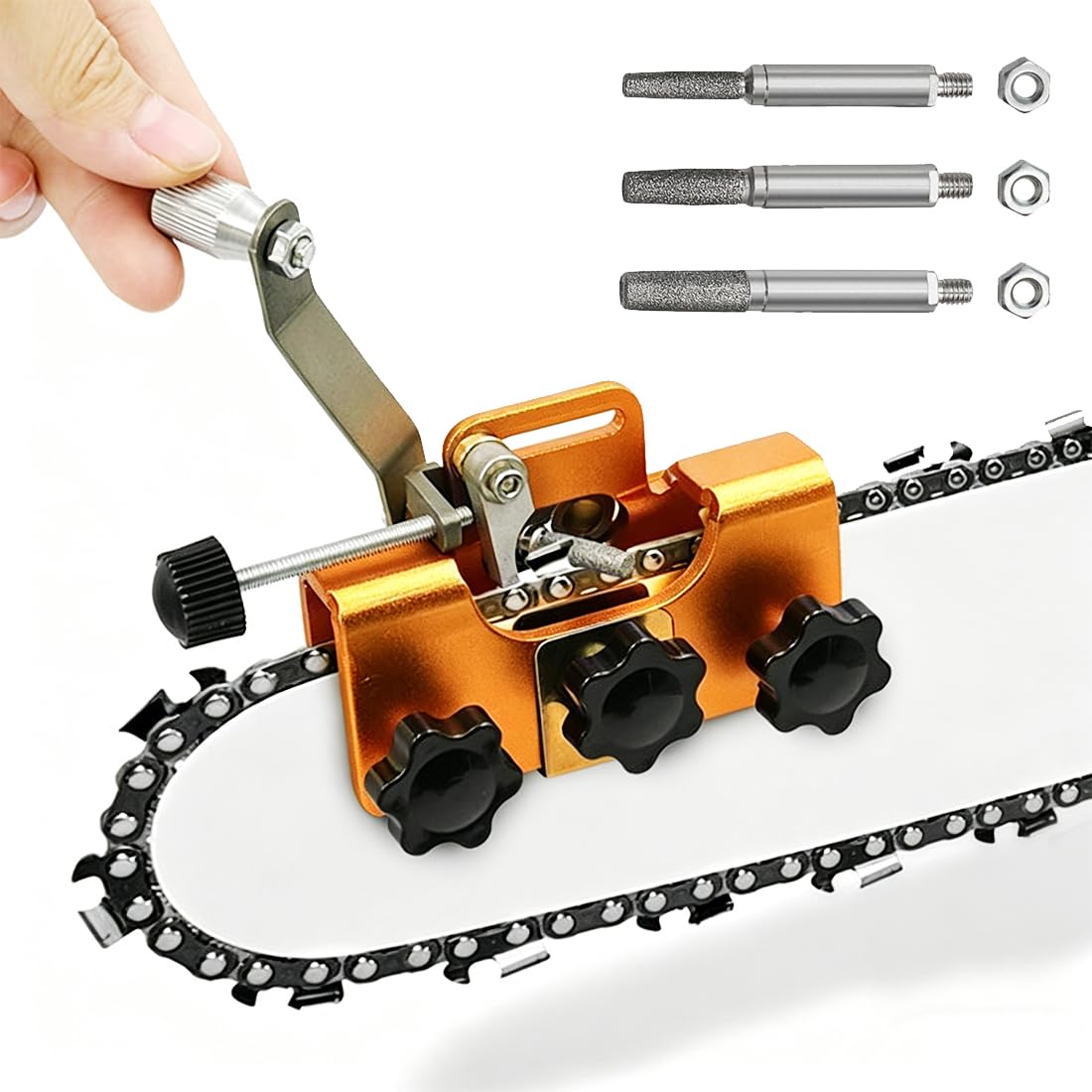 Affilacatene per Motosega a Manovella, Affilatore Catena Manuale Portatile con 3 Pietre 4/5/6 mm, Guida Angolo, Kit Affilatura Catena Motosega