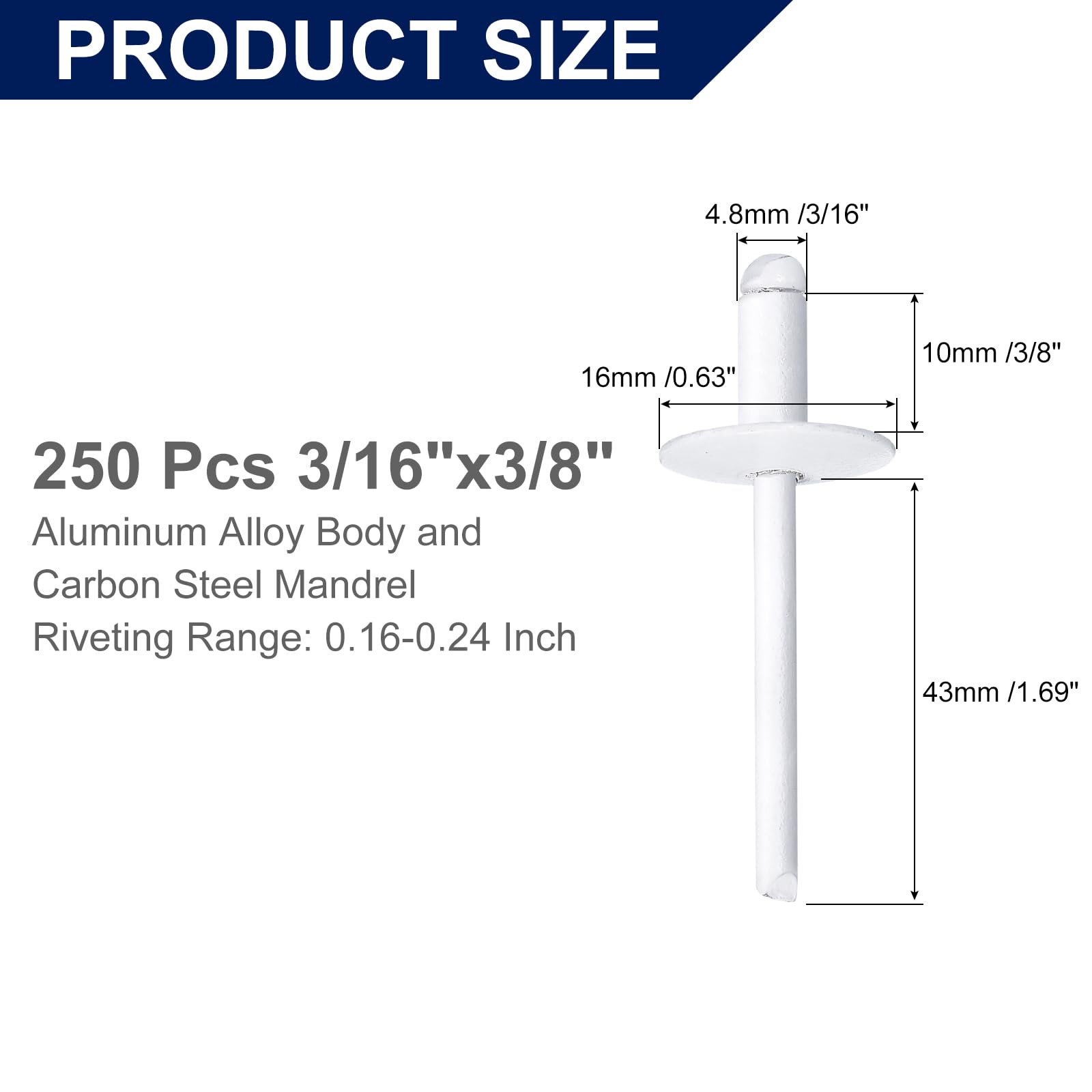 QUARKZMAN 250 Stück Blindnieten 3/16"x3/8" Aluminium Nieten, Popnieten Mit Greifer Und Stahl Dorn Großflansch Befestigungsnieten Für Metall Möbel Automotive Weiß