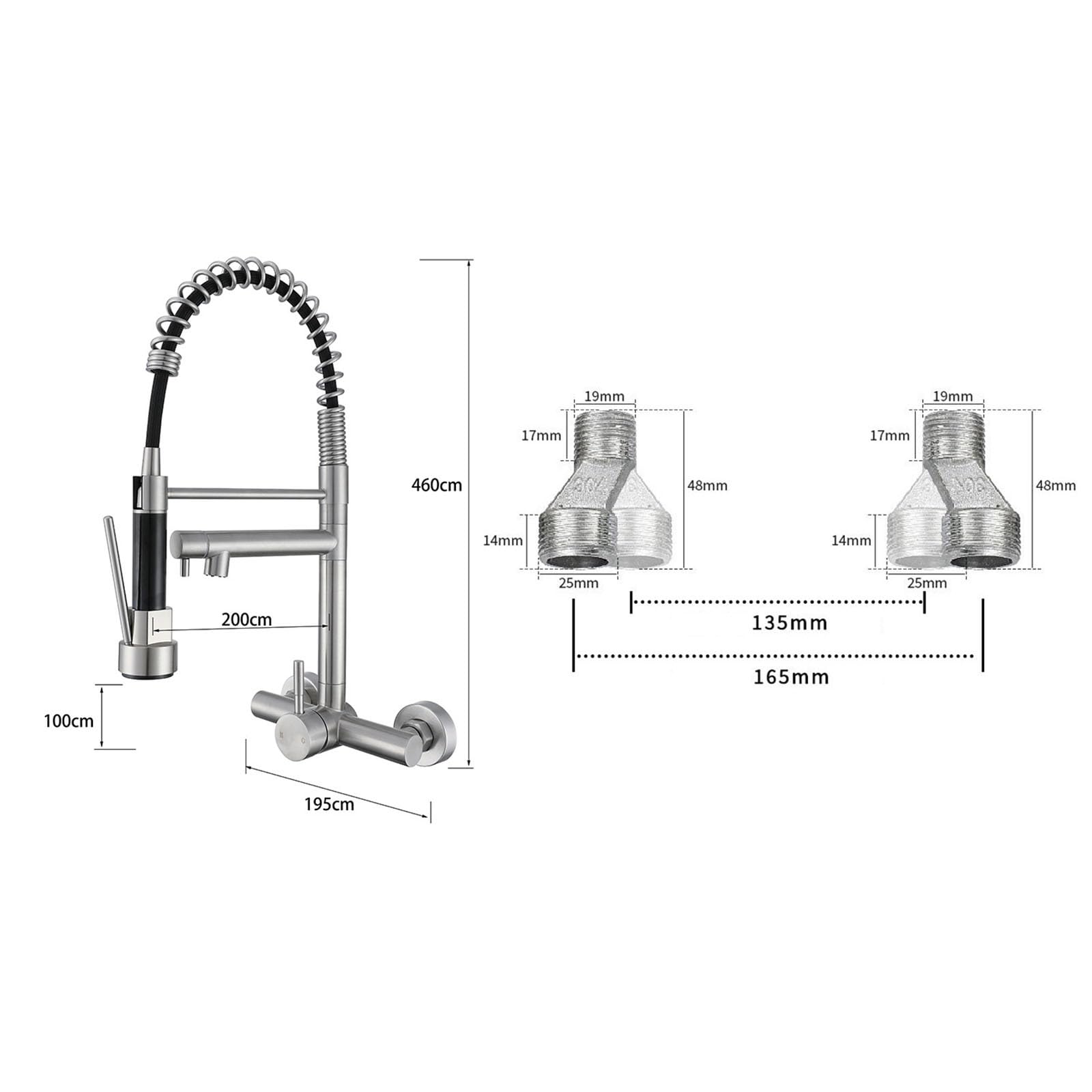 Grifo Cocina Extraible Muelle Grifo Fregadero de Pared Monomando de 15 cm de Acero Inoxidable,Cepillado