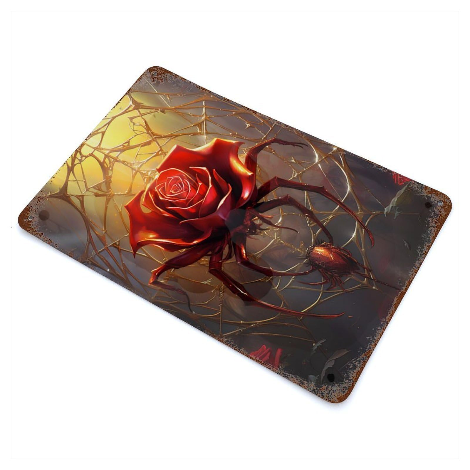 Distressed Metal Wall Sign Rose Spider 11.8"x7.9", Retro Wall Decor for Basement, Hobby Room And Garage Decor
