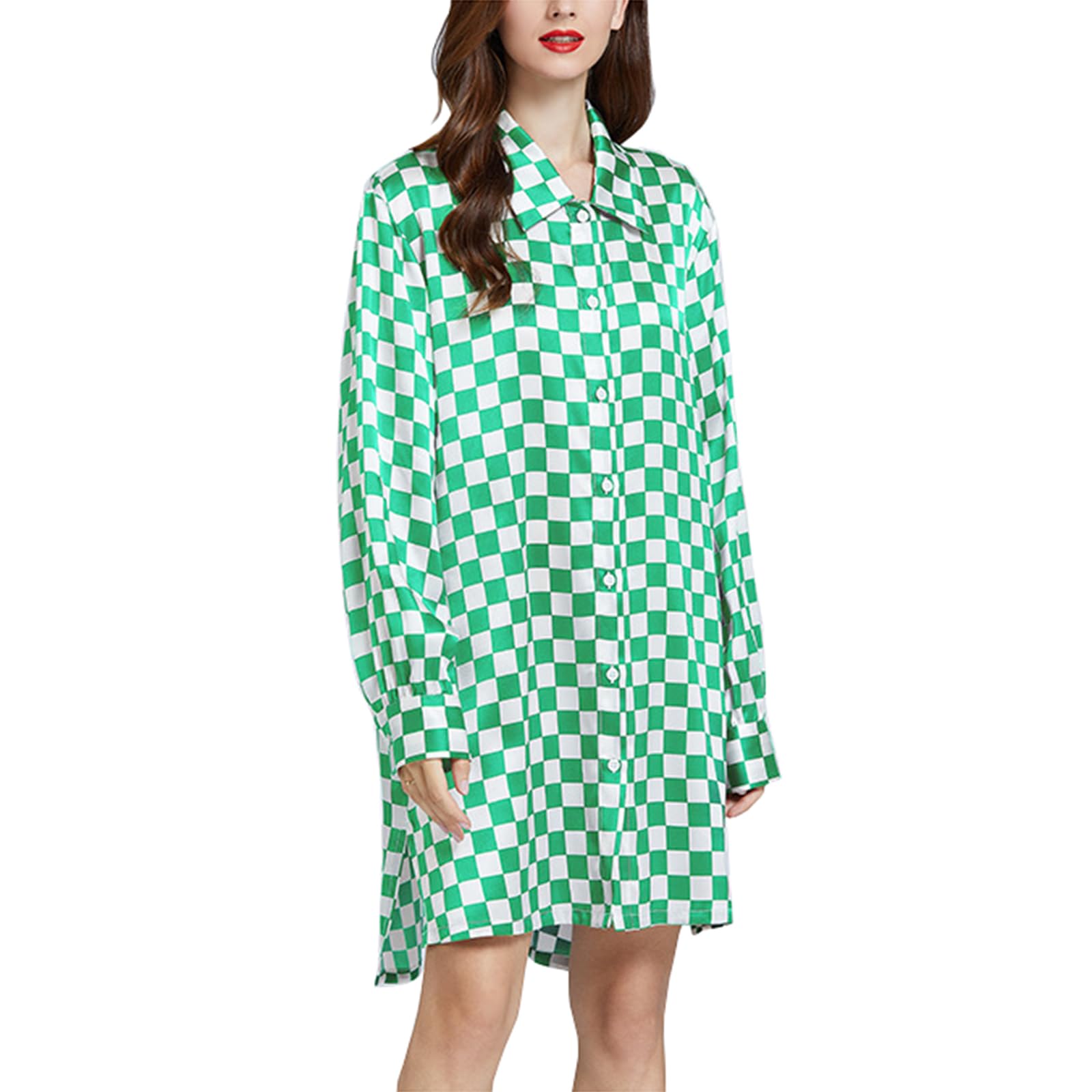 Frauen Seide Nachthemd, 19 Mommy Sexy Satin Nacht Roben Frauen Button Up Satin Nachthemden,Grün,XS