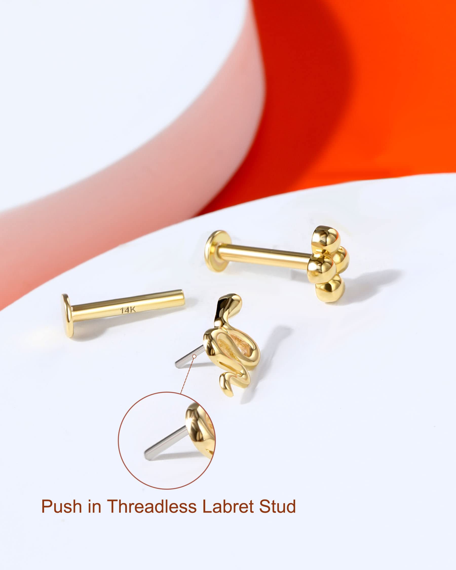 Melighting 16G Flat Back Helix Earring 14ct Gold Threadless Push-in Labret Stud Gold Tragus Earring Conch Stud Helix Piercing Jewelry Stud Earring for Women Girls