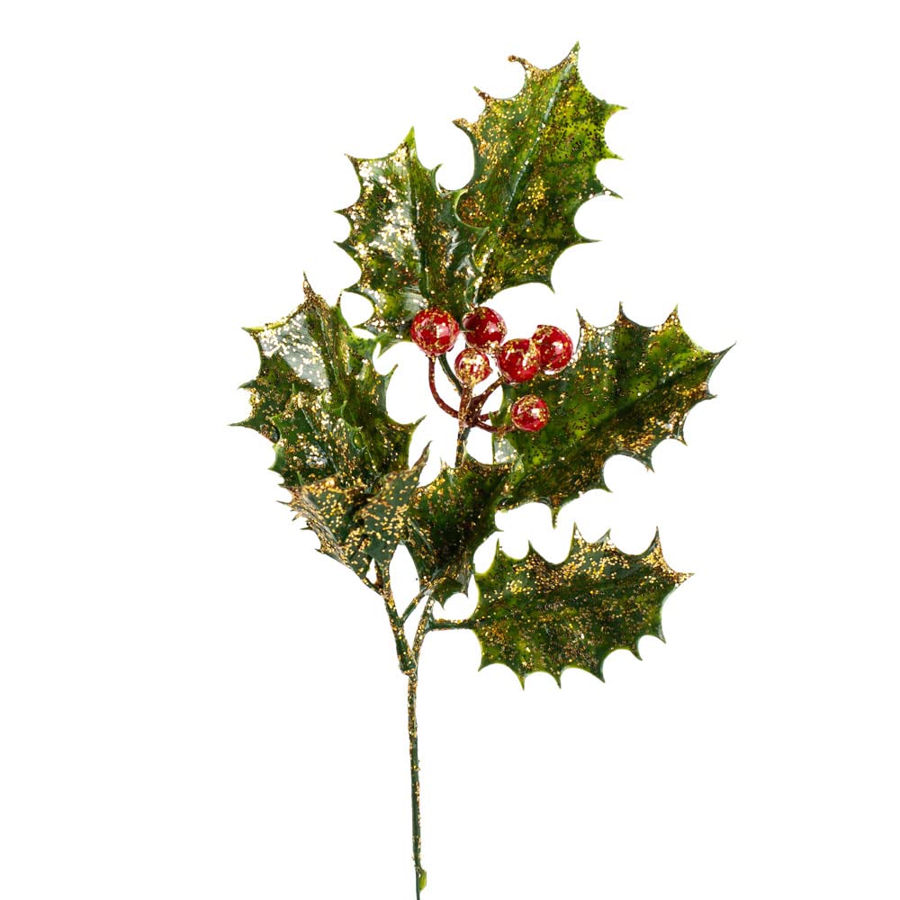 Factory Direct Craft Gold Glittered Holly Plastic Floral Picks (24 Pieces) - Holly and Berries for Christmas Tree Decorations Holiday Winter Seasonal Home Decor 10-1/2
