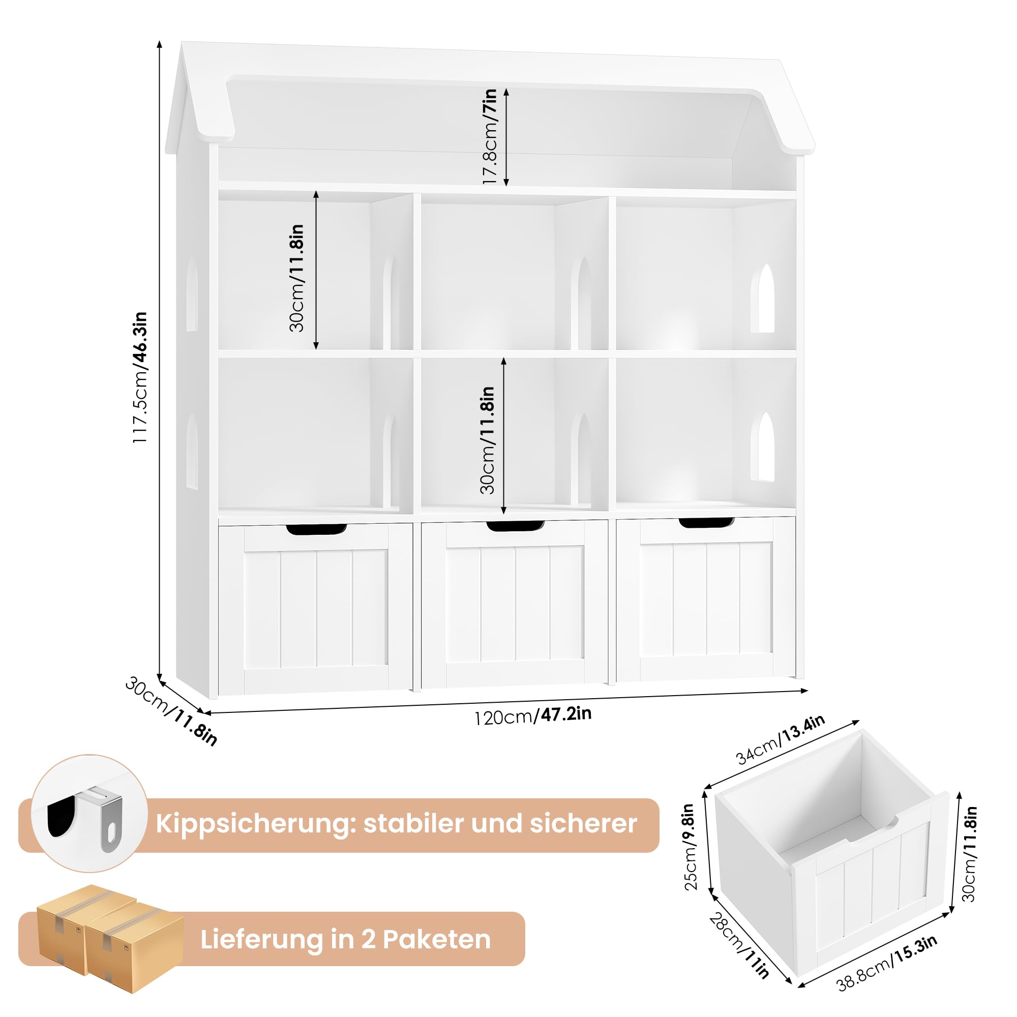 FOREHILL Kinderregal in Hausform, Bücherregal Kinder, Kinderzimmer Möbel | Kinderregal mit 3 Boxen auf Rollen, Kinderschrank Puppenhaus, Regal für Kinderzimmer, Kindergarten, 120x117,5x30cm