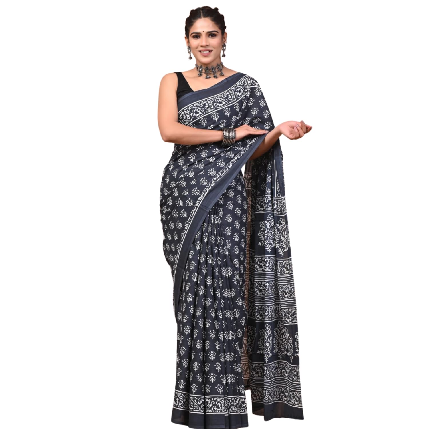 Cotton Mulmul Saree with Bagru Hand Block Prints | 5.5 M Saree & 1 M Blouse-image-19