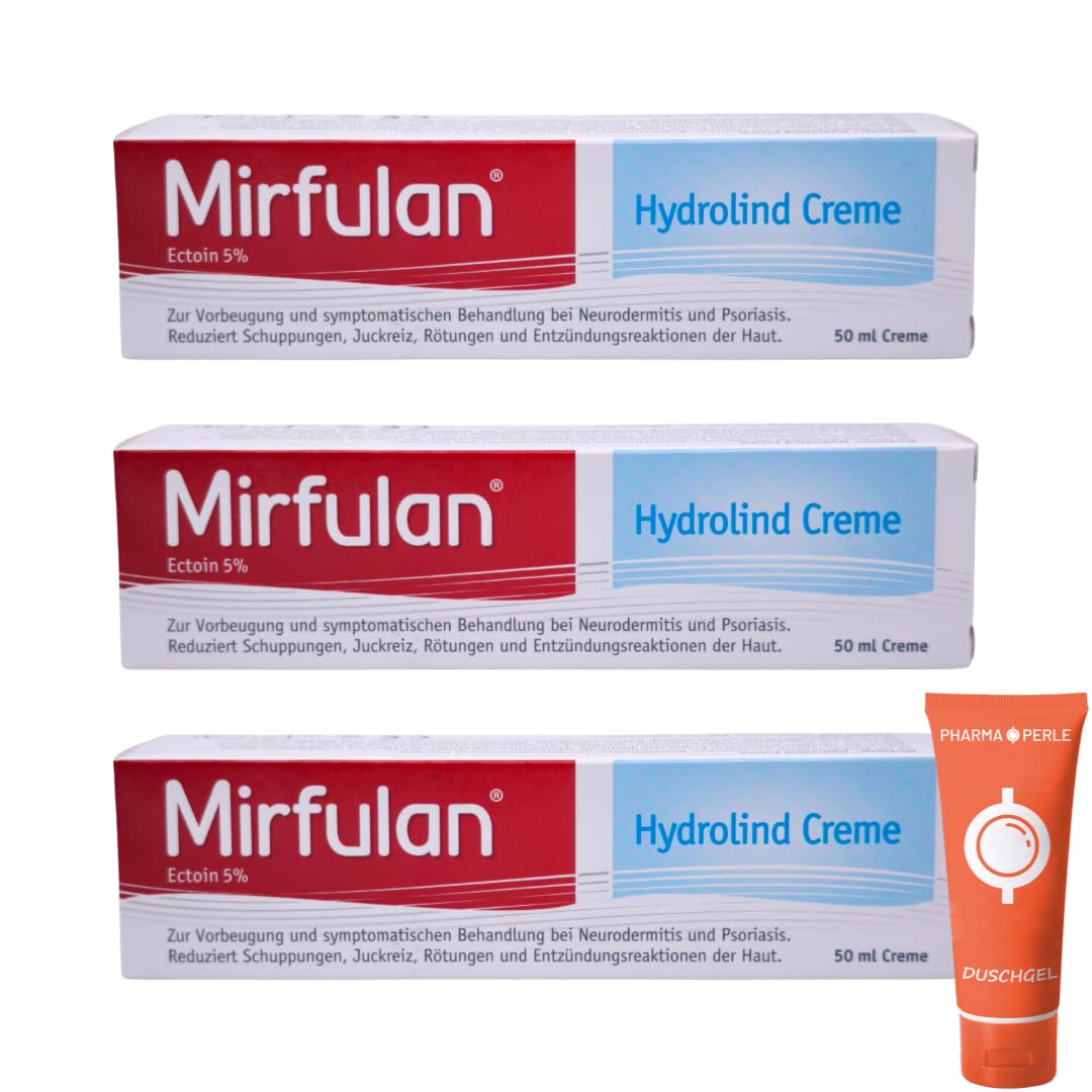 Mirfulan Hydrolind Creme 50 ml - Pflegecreme für Trockene, Schuppige & Empfindliche Haut mit 5% Ectoin & Urea - Feuchtigkeitsspendend, Schnell Einziehend, ohne Parfüm - mit Pharma Perle Duschgel (3x)