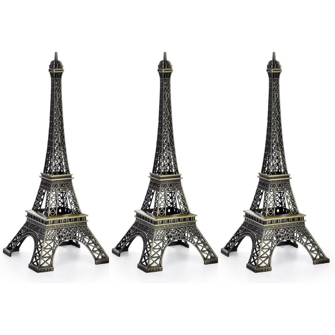 LUKADAH Premium Quality Eiffel Tower Statue Decor-Alloy Metal Collectible France Figurine Souvenir Room, Paris Eiffel Tower Party Decoration Table Stand Holder Gift for Cake Topper (Pack of 3)