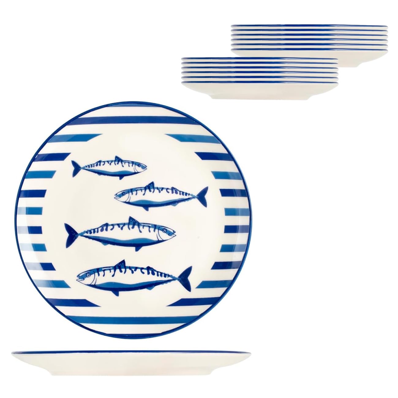 H&H-Set 12 Piatti Piani, linea Puerto, 26 cm, in stoneware, decorazioni a tema marino sui toni del blu, lavabili in lavastoviglie