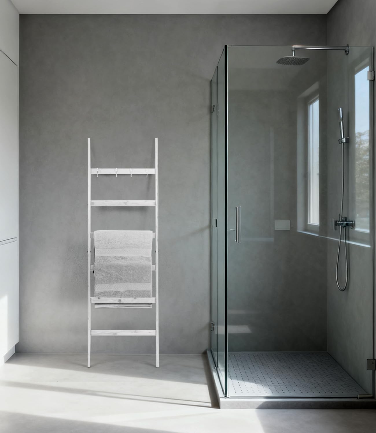 Échelle porte-serviettes en bambou avec 6 échelons et 4 crochets, échelle à vêtements, porte-serviettes pour salle de bain, H x l 170 x 43 cm (blanc)