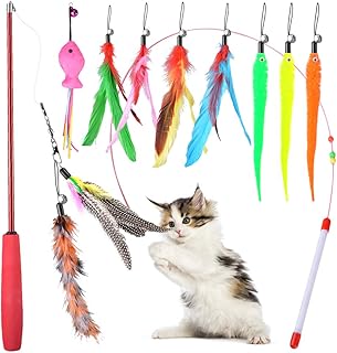 Oziral Cat Teaser Retractable Cat Toy Feather Teaser Cat Toy 10 Cat Wand Feather Interactive Toys with Beads Bells and Feather Refills Set for Cat and Kitten