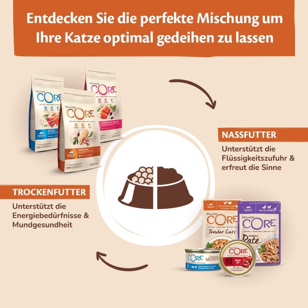 Wellness CORE Signature Selects Fisch-Bündel, 48 x 79g, Flaked Bonito & Garnelen, Flaked Bonito & Lachs, Nassfutter für ausgewachsene Katzen in Brühe, ohne Zuckerzusatz, getreidefrei, mit hohem Fleisc
