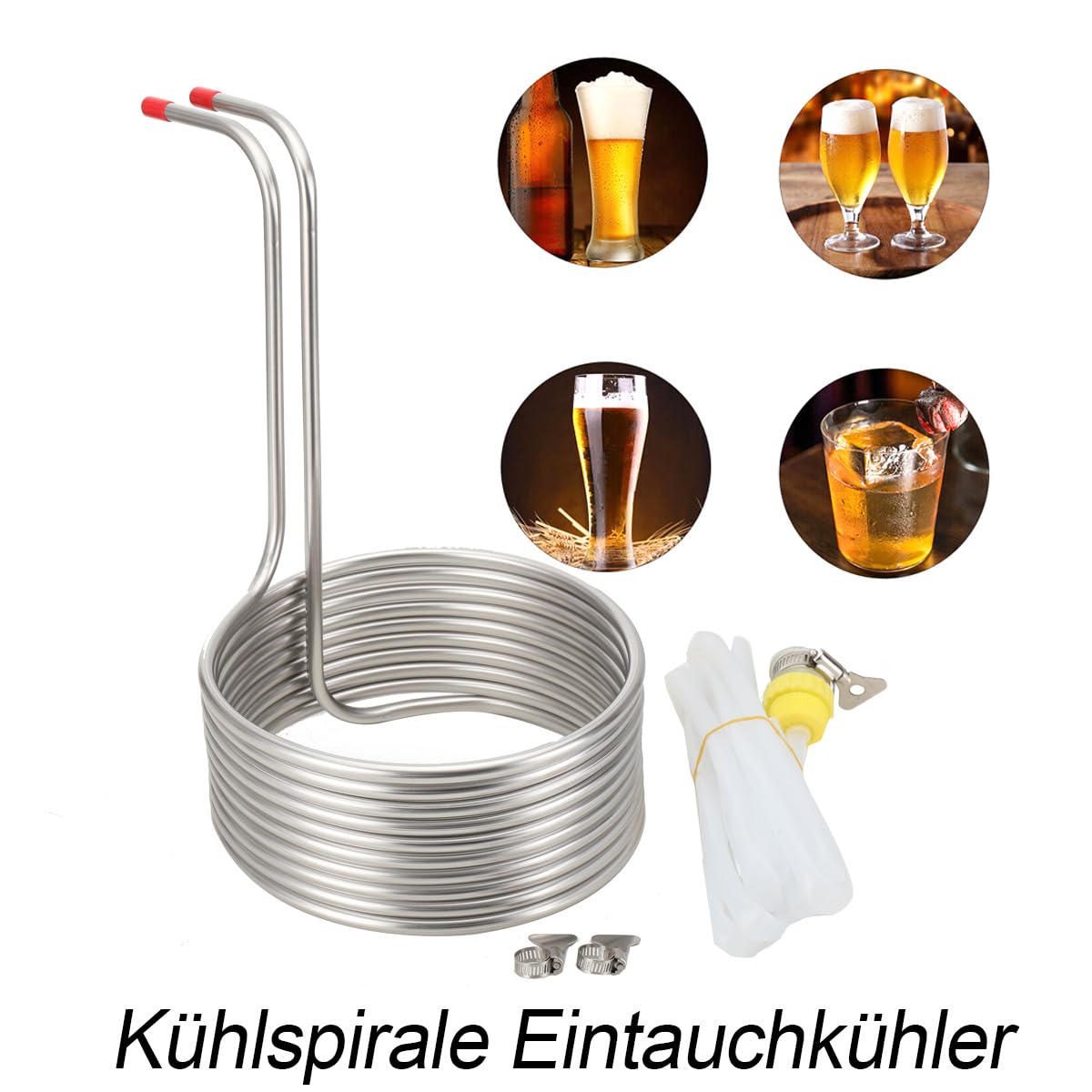 Kühlspirale Eintauchkühler Kühlschlange Maischekühler Kühlspirale Ø 23cm Bier Kühler Kühlrohr Brauerei Bier Kühlschlange Würzekühler Rohr mit 2 * 2m Silikonschläuche, Verbindungsstücke