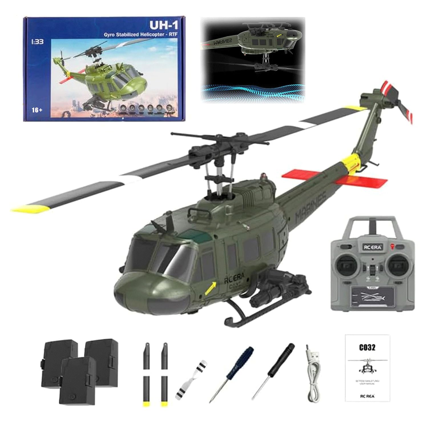 ROUASD RC ERA C032 UH-1 Huey RC Helicopters for Adults Beginners, 1/48 Scale 6CH 2.4G 6-Axis Gyro Remote Control Stabilized Aircraft with 3D Rolling &