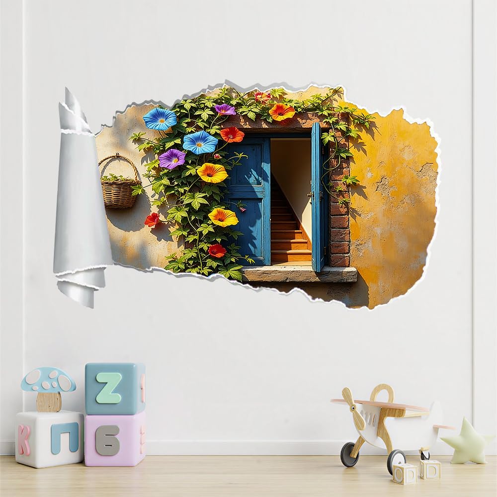 3D Durchbruch Wandtattoo Mädchen Kinderzimmer Prunkwinden Wandaufkleber Dekorative Blaue Tür Wandsticker für Junge Teenager Zimmer Wohnzimmer Schlafzimmer Wandbilder Deko
