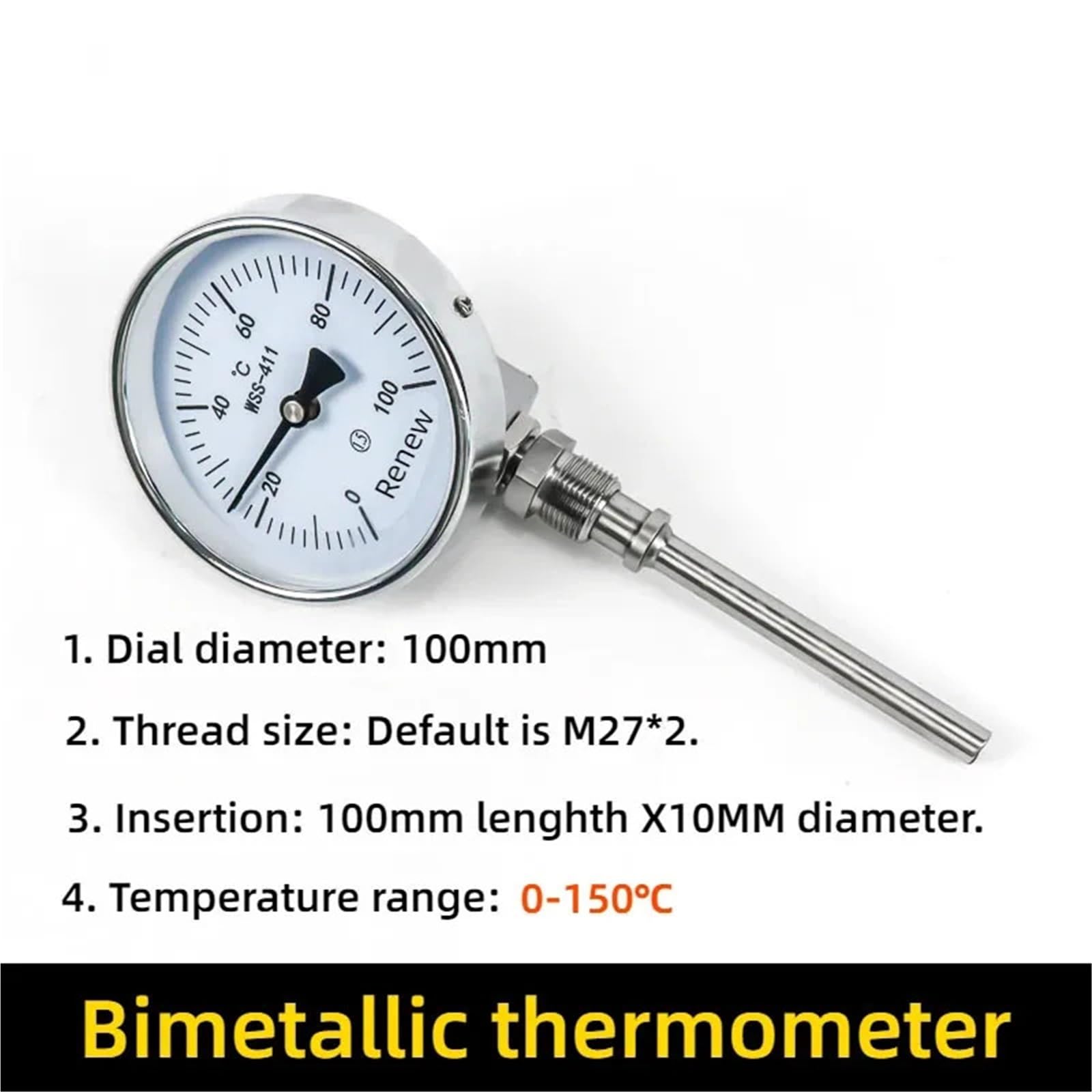 Termómetro bimetálico enchufable de Alta Temperatura, tubería de Aire Acondicionado de Caldera Industrial, 500 Grados(Radial 0-150C-100mm)