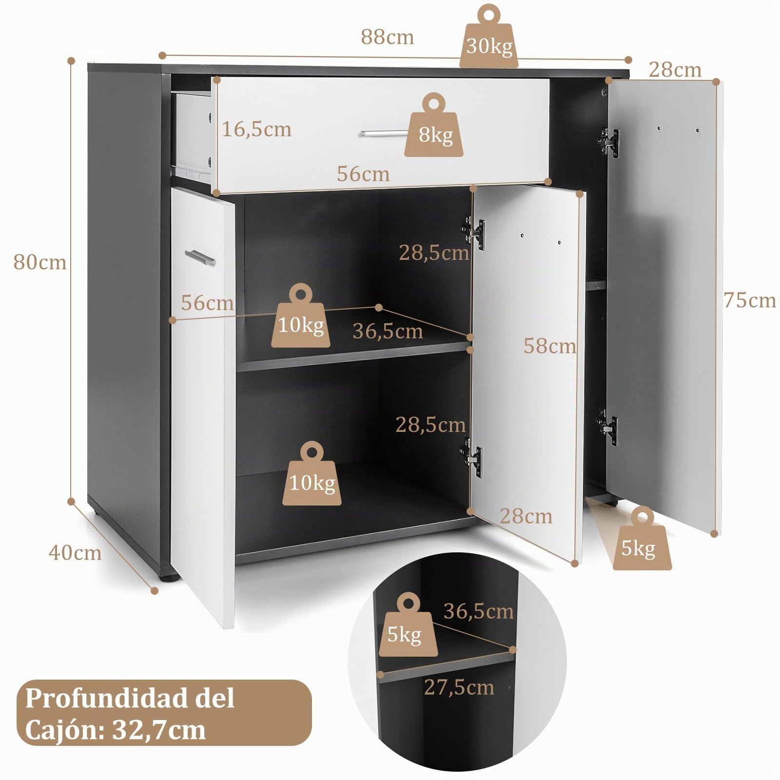 COSTWAY Aparador Cocina Buffet Moderno, Armario de Piso de Cocina con Dispositivo Antivuelco y Estante Ajustable, Gabinete de Almacenamiento Lateral de 3 Puertas para Comedor Entrada (88x40x80cm)