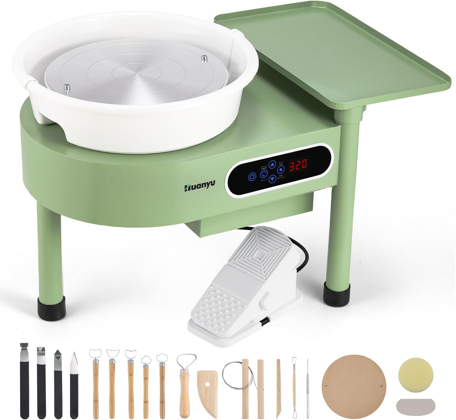 Huanyu Pottery Wheel Machine 12in with Bat System Detachable Extended Tray, Electric Pottery Forming Machine Foot Pedal & LCD Screen 350W Art Clay DIY Sculpting Tool Kit