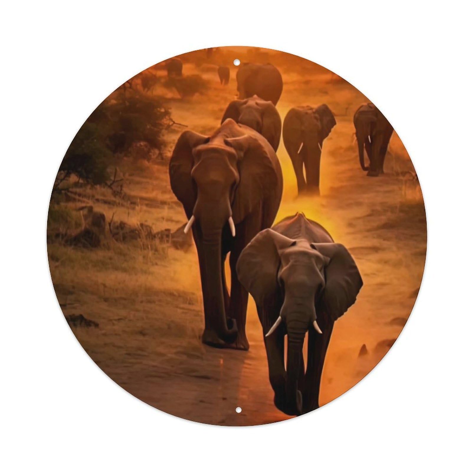 Animal Artwork The Elephant Group Under The Sunset Vintage Metal Tin Sign Plaque Wall Decor for Cafe, Club Bar, Office, Garden Metal Poster 8x8Inch