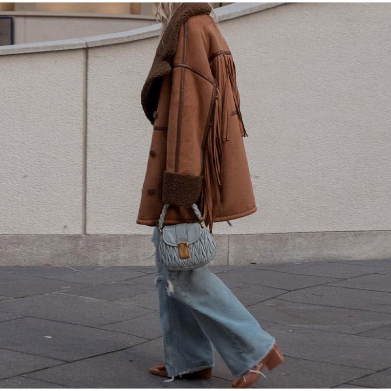 utcoco Women's Tassels Sherpa Lined Faux Suede Leather Jacket 2024 Fashion Fringe Trim Faux Fur Coats Outwear4