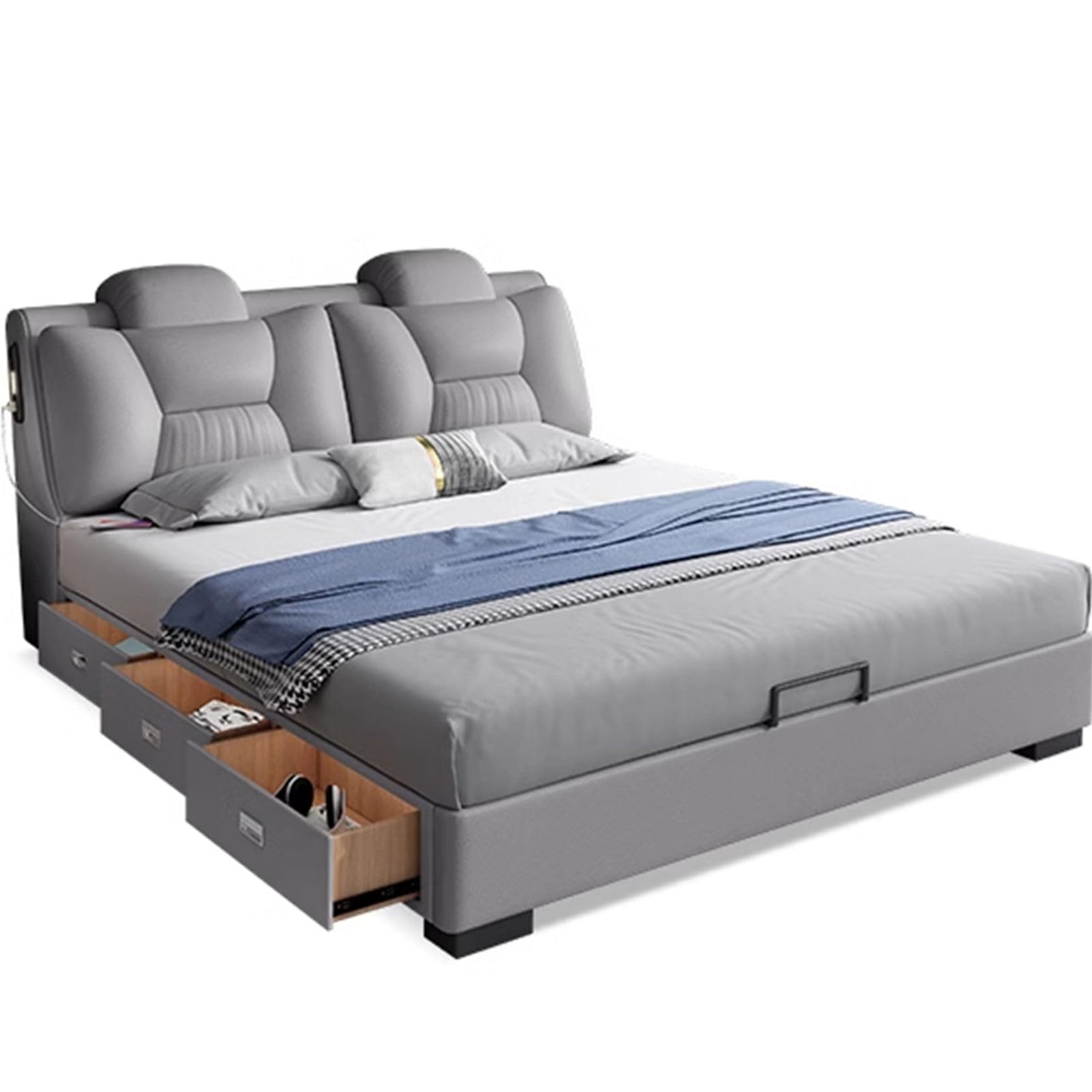 Mid-Century King Size Genuine Leather Wood Bed Upholstered Platform Bed Frame with Headboard and Storage Drawers Strong Wooden