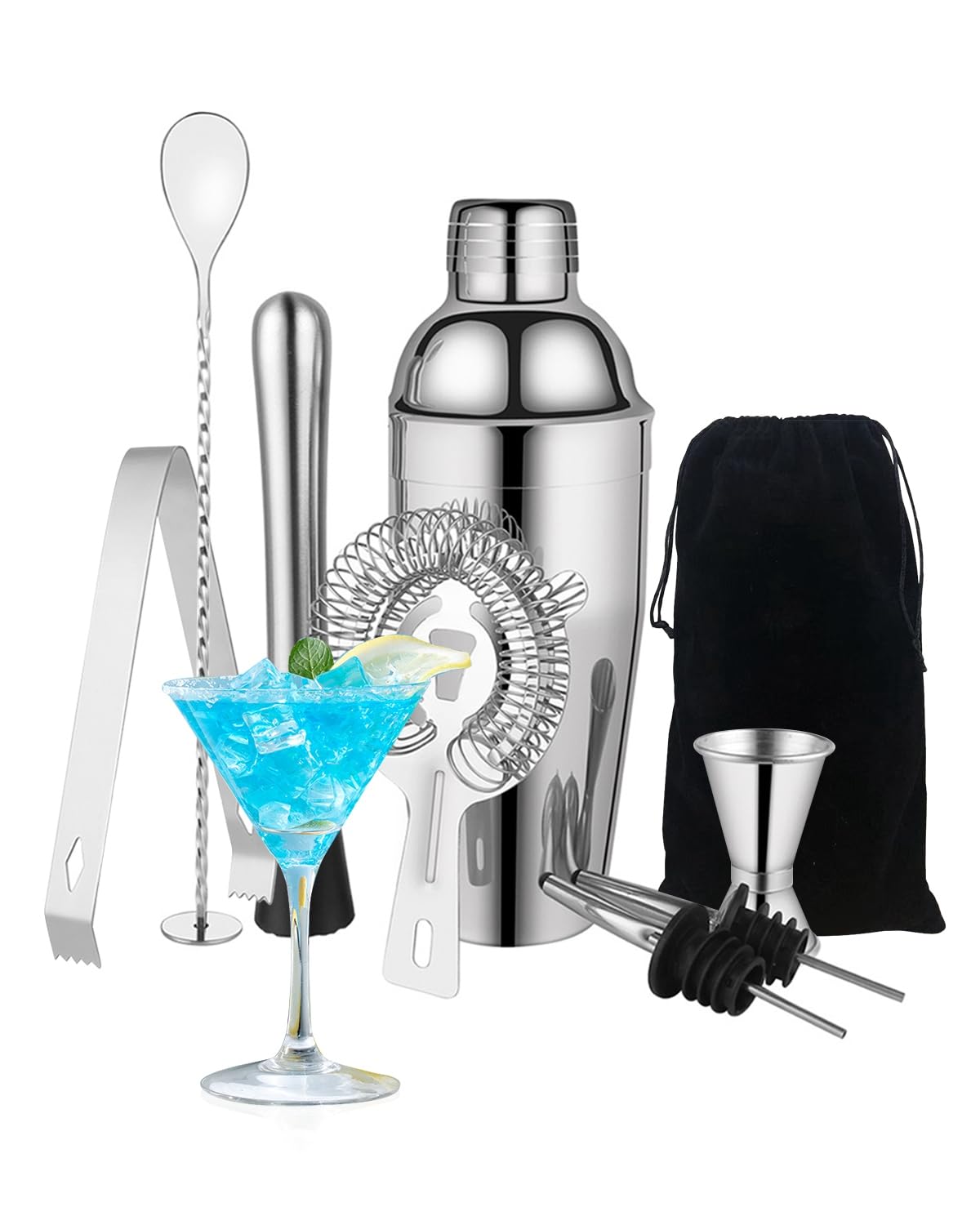 Professional 9 Piece Cocktail Shaker Set with Storage Bag Stainless Steel Mixware Kits with 750ml Cocktail Shaker Filter for Home, Bar, Party and Gift?Cocktail Kit Suitable for Gift Giving