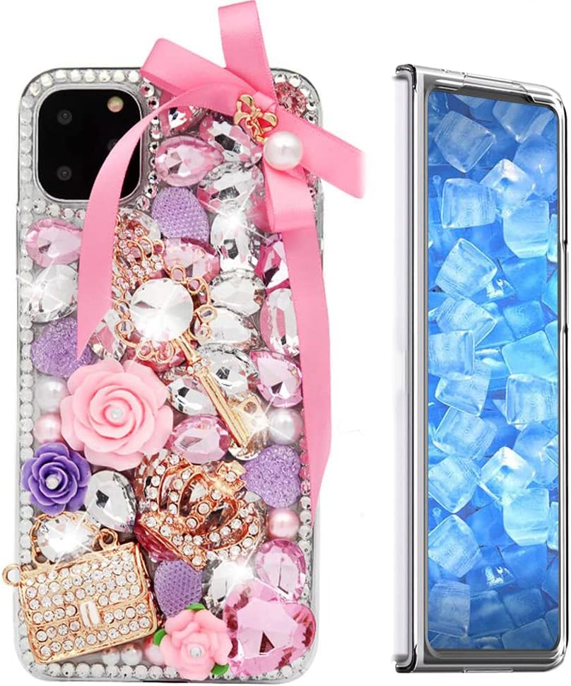 Glitter Phone Case Compatible with Samsung Galaxy Z Fold 3 5G - 3D Luxury Girls Women Shiny Design Handcrafted Cover with Screen Protector (2 Pack Front) - Pink Bow Key Girls Bag Crown