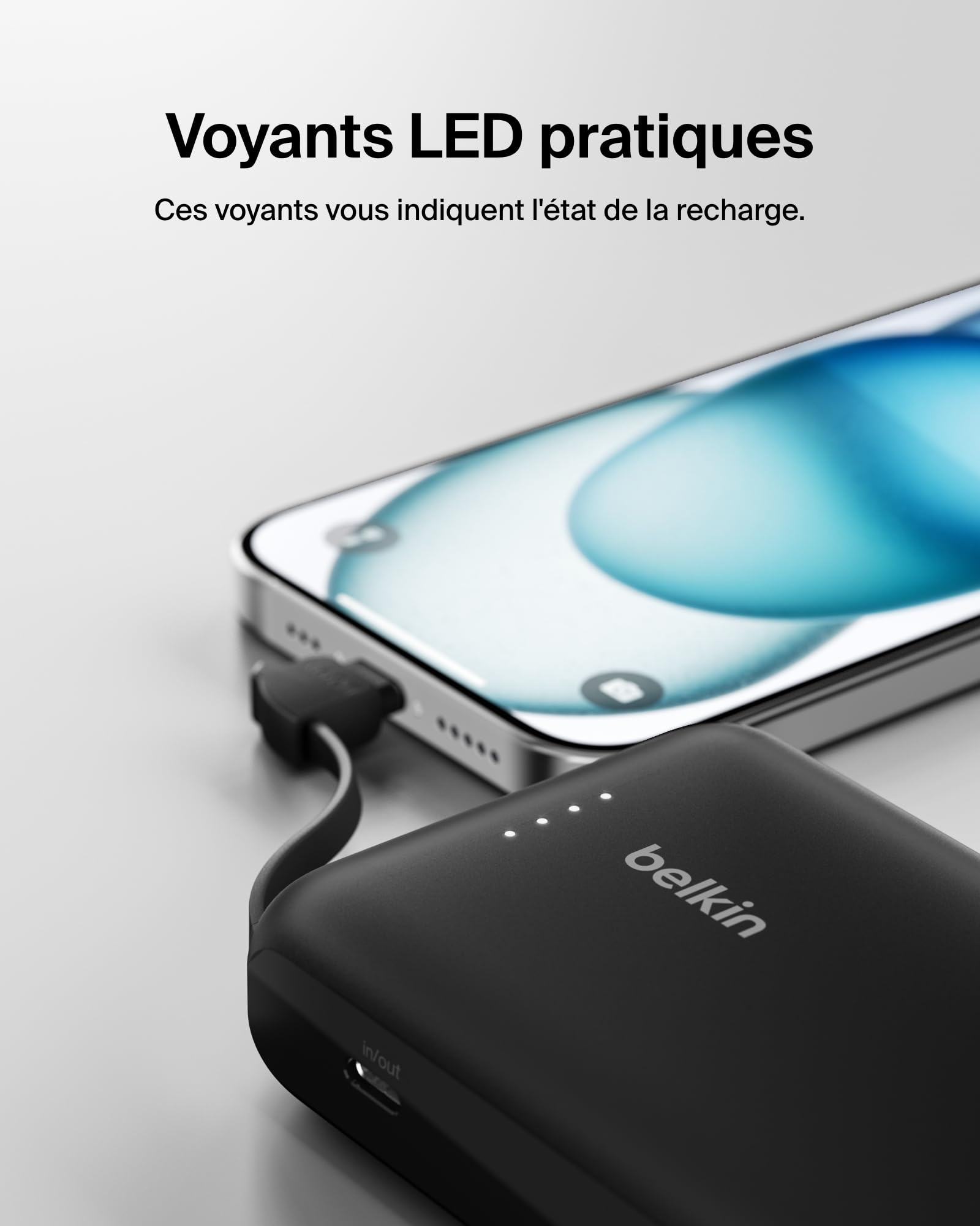 Belkin BoostCharge Batterie Externe 10 000 mAh Portable avec câble intégré (PD 20 W, Recharge Rapide USB-C Power Delivery, pour Tous Les modèles de l'iPhone 16/15, iPad Pro, Galaxy S24, etc.)