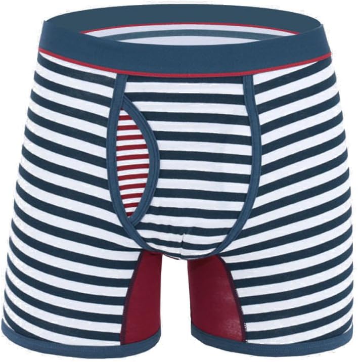 Men's Stripe Cotton Boxer Briefs Sexy Open Fly Striped Flat Angle Underwear