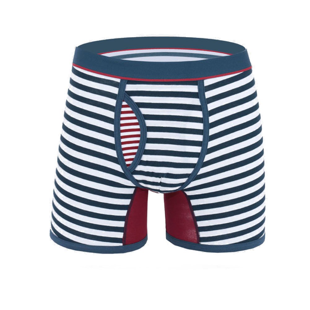 Men's Stripe Cotton Boxer Briefs Sexy Open Fly Striped Flat Angle Underwear