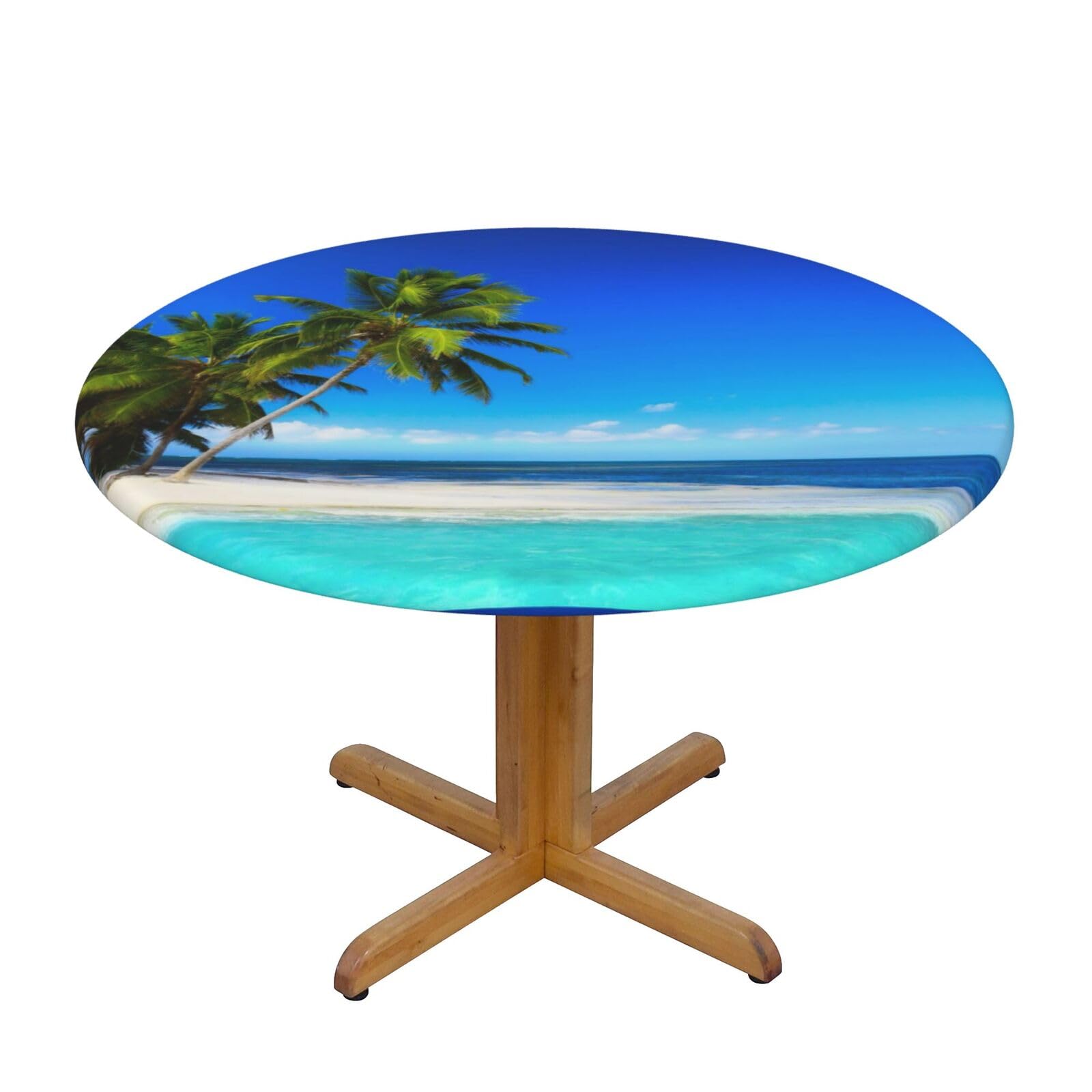 Ffshkowe Palm Trees And Clear Sea Elastic Round Tablecloth Oil Proof Table Cover For Dining Party Picnic