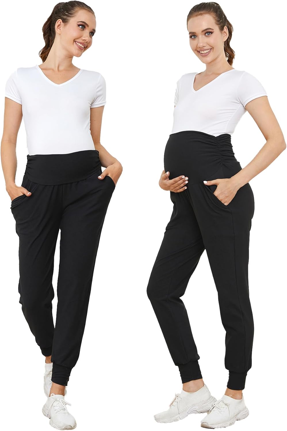 PARNIXS Maternity Two-Piece Set Basic Stretch Design with Pockets Soft Leggings for Active Moms Yoga Pants - Year-Round Wear