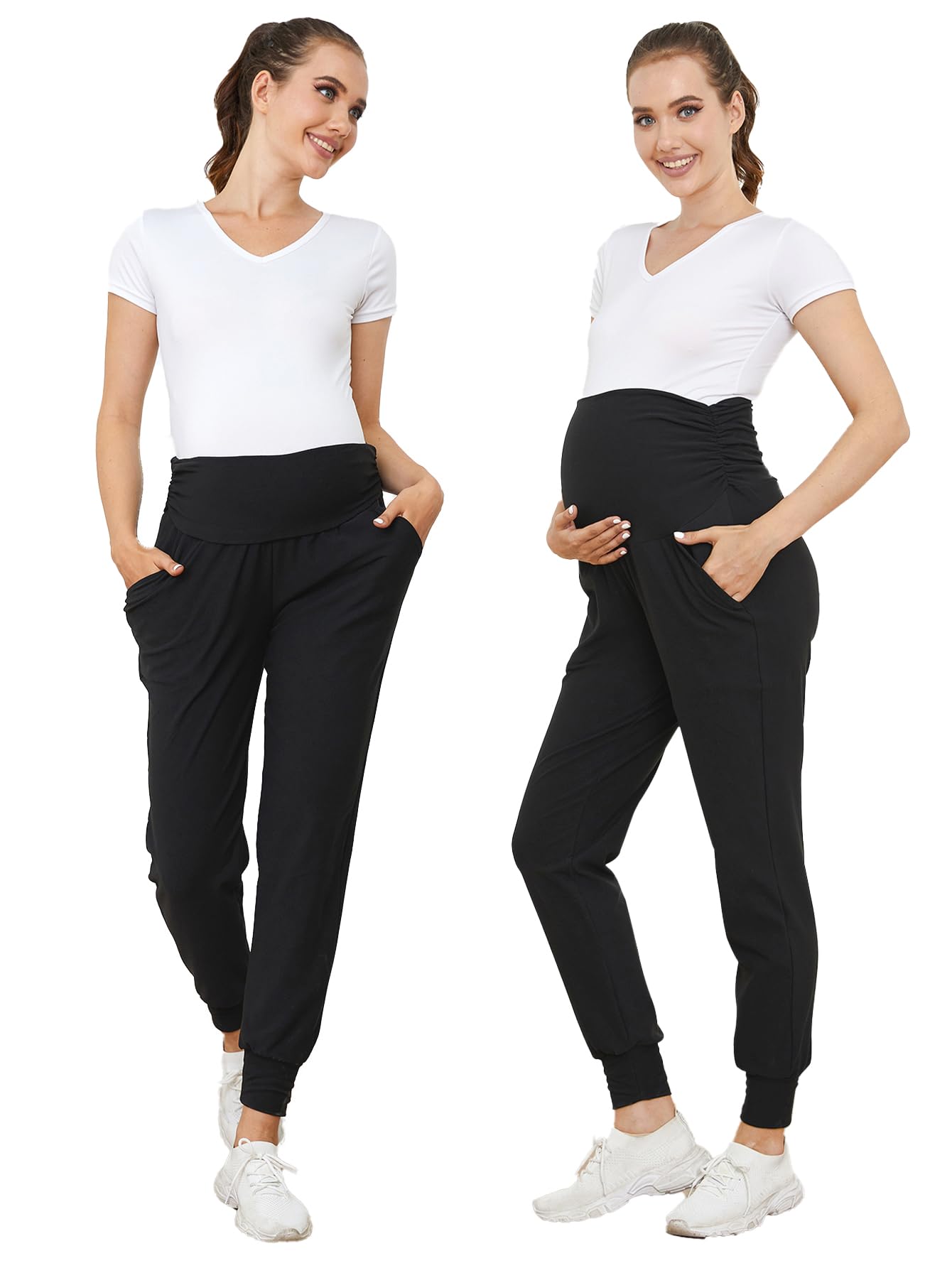 PARNIXS Set di due pezzi premaman Basic Stretch Design con tasche Leggings morbidi per mamme attive pantaloni da yoga - Abbigliamento tutto l'anno