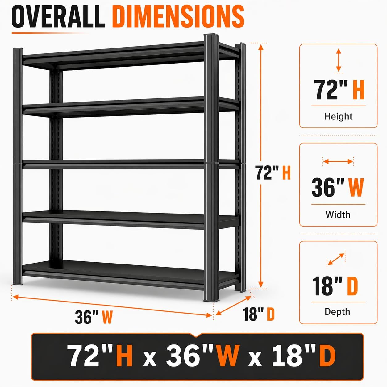 Garage Shelving Unit, 3000LBS Heavy Duty 5-Tier Metal Storage Shelves, Adjustable Industrial Steel Rack for Pantry Kitchen Basement Warehouse Storage, 72" H x 36" W x 18" D
