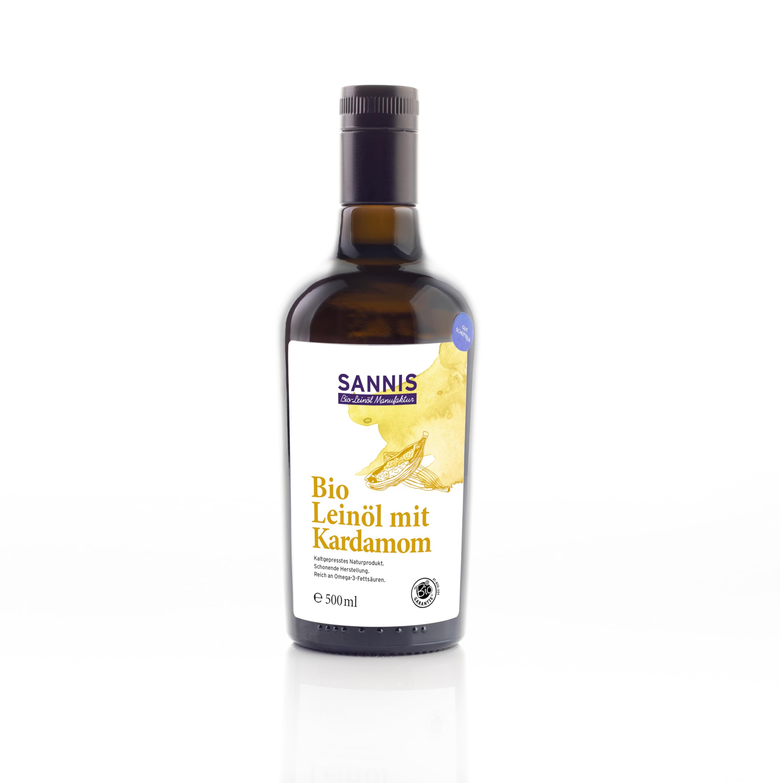 SANNIS Bio-Leinöl mit Kardamom 500 ml I Leinsamenöl aus kontrolliert biologischem Anbau I kaltgepresst & ungefiltert I reich an Omega-3-Fettsäuren I nussig milder Geschmack für Salat, Nudeln & Müsli