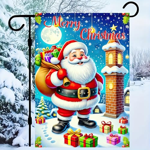 Image of BlissYard Christmas Garden Flag 12x18 Inch Santa Chimney Yard Decor | Double sided polyester, christmas santa chimney scene design, santa themed decor for holiday porch and yard