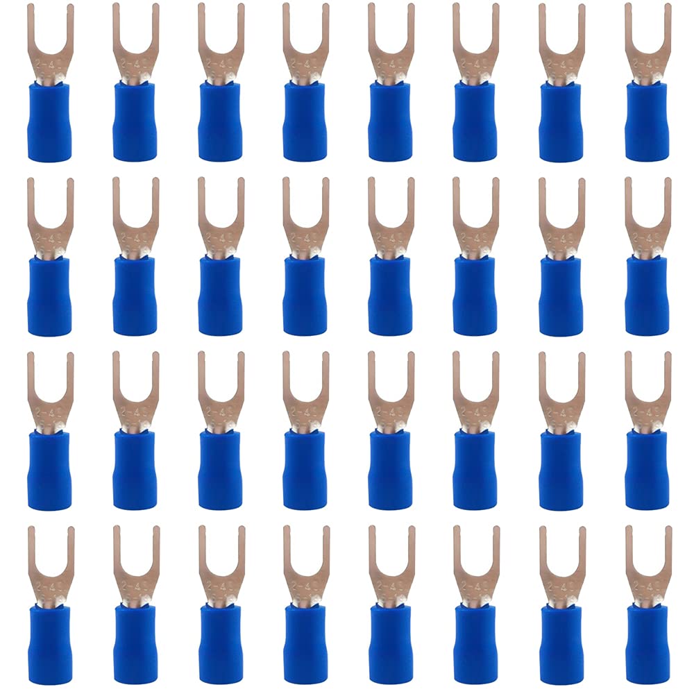 Ruidee 100Pcs M4 Insulated Fork Spade Wire Connector 16-14 AWG U Type Electrical Crimp Terminals（Blue/SPFL4
