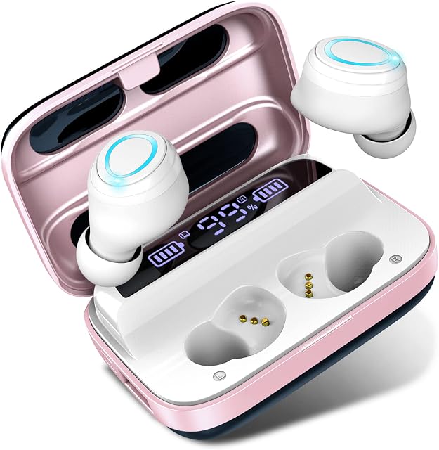 Wireless Headphones, Wireless Earbuds Bluetooth 5.1 Headphones with 140H Playtime, Wireless Earphones in Ear HiFi Stereo Noise Cancelling Bluetooth Earbuds with Mic, USB-C, IP7 Waterproof, Rose Gold