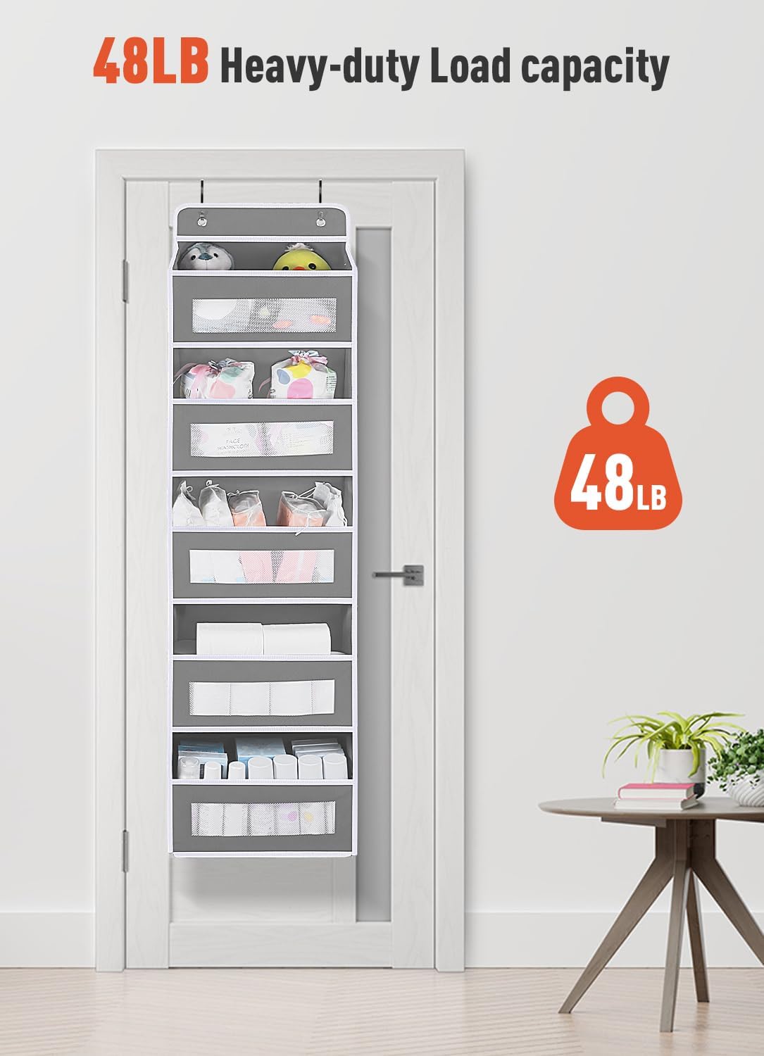 Over The Door Organizer Storage, 5 Shelf Hanging Door Organizer with 10 Large Capacity Pockets, Anti Tilt 44 lb Load Behind Door Storage for Bedroom, Bathroom, Pantry, Nursery, (Grey) - Image 5