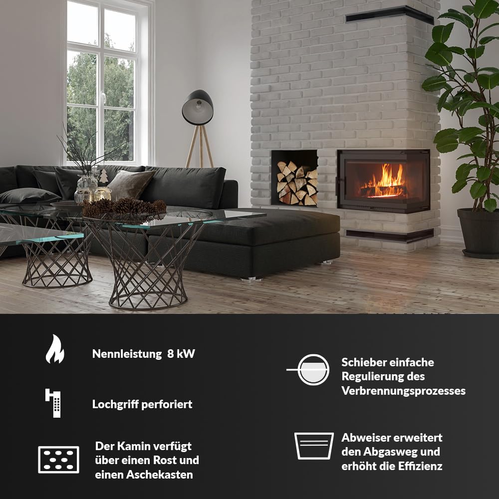 KRATKI Einfacher holzbefeuerter Kamineinsatz Lufteinlass BImSchV 2-konform 11 kW Thermischer Wirkungsgrad 75% Abgasauslass fi 200 mm dekorative Glasscheibe aus Gusseisen RightPlus Zubehör