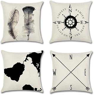 Artscope Lot de 4 Housse de Coussin 45 x 45 cm Polyester et Lin Décoratif Taie d'oreiller de Voiture Canapé Maison Décor Housses de Coussin (Plume/Boussole)