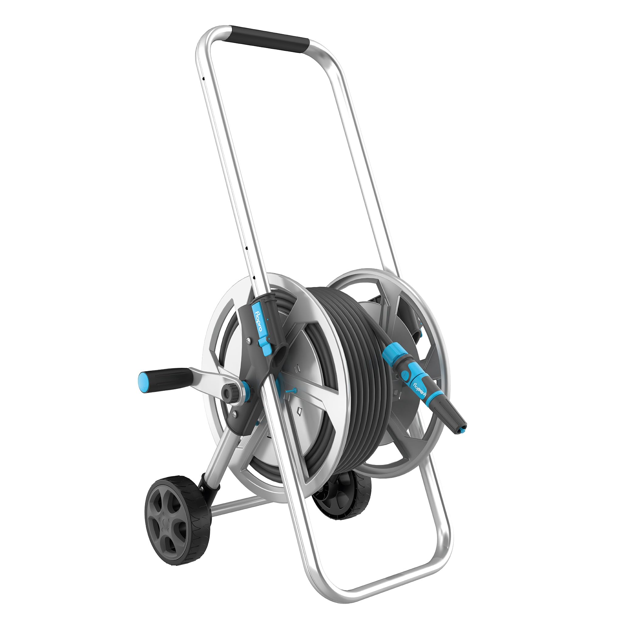 Flopro - Carro de manguera de metal resistente con ruedas de 25 m: marco fuerte para mayor estabilidad, mango ajustable y ruedas anchas. Completo con conectores de manguera SUPERGRIP y boquilla. Se