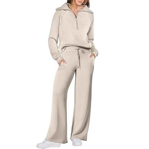 ANRABESS Women 2 Piece Outfits Sweatsuit Set 2023 Fall Trendy Oversized Quarter Half Zip Sweatshirt Wide Leg Sweatpant Lounge Matching Sweat Set Athletic Tracksuit Travel Clothes 1088yuehui-L