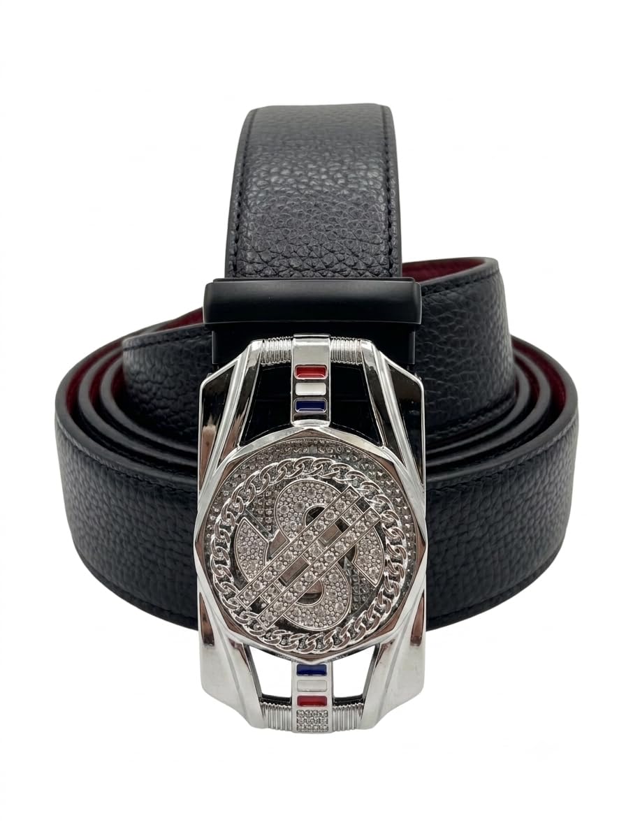Men's Reversible Leather Belt with Dollar Sign Crystal Buckle | Premium Automatic Buckle Belt with Silver Designer Lock – Silver Textured Waist Belt for Formal & Casual Wear | Free Size-image-36